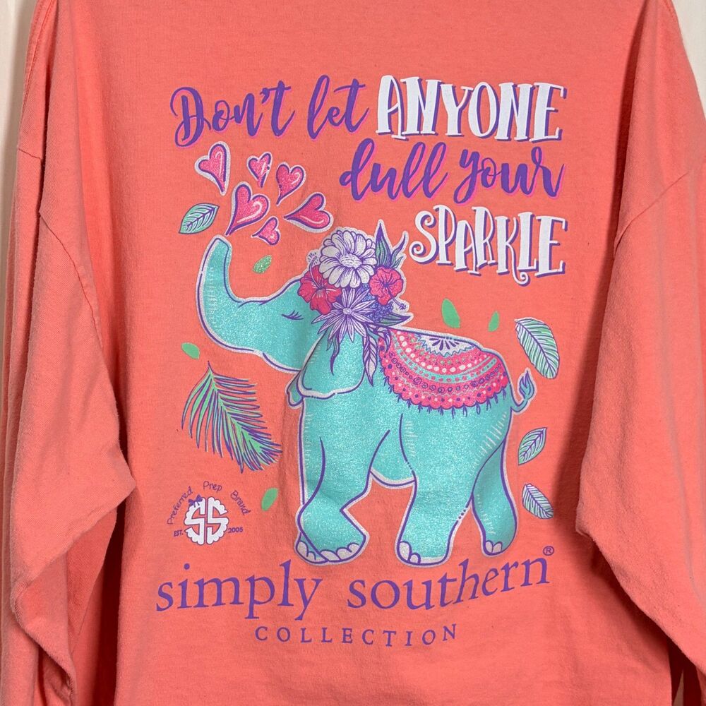 Simply Southern Elephant Dull Your Sparkle Long Sleeve Shirt Coral Pink XXL